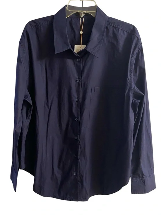 Quince Poplin Long Sleeve Boyfriend button front shirt navy Large NWT - Picture 2 of 8